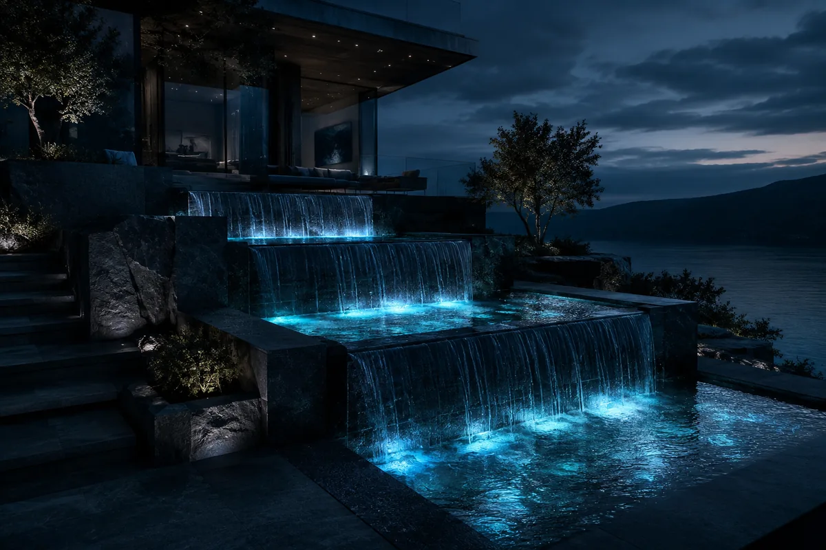 Tres laminas escalonadas con iluminacion DMX en Casa Mirador